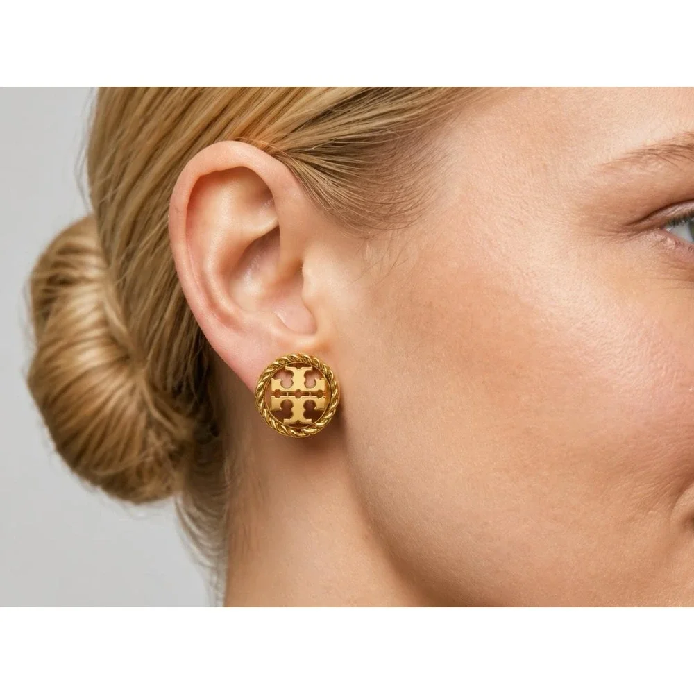 NWT Tory Burch Rope Logo Circle Stud Earrings in Gold / Dustbag Included